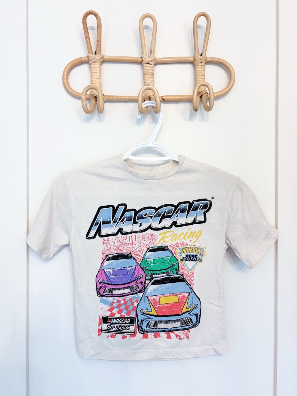 Nascar Kids White Tee with Colorful Race Car Graphic